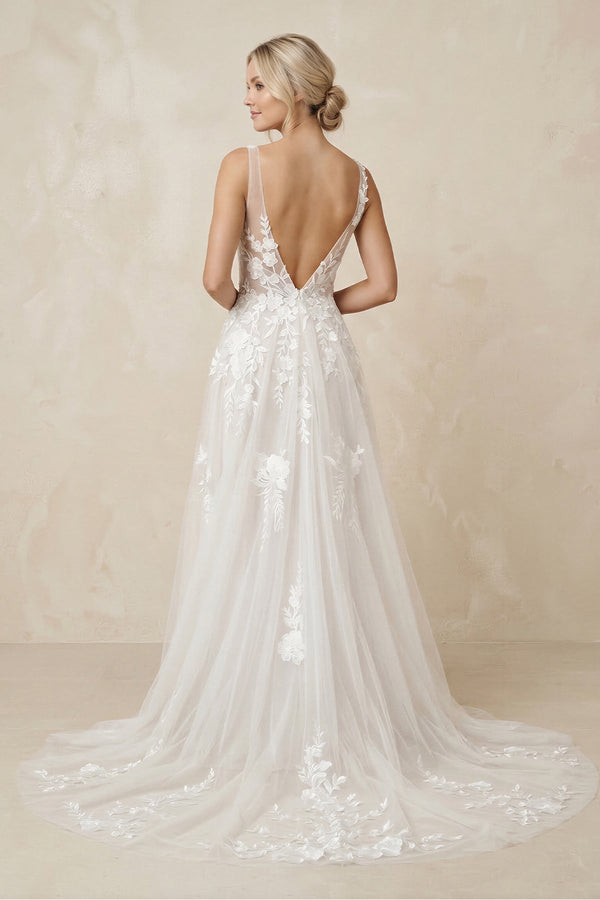 V - Neck A - Line Tulle Appliqued Maxi Wedding Dress in White - SHE IS ME Wedding Dresses