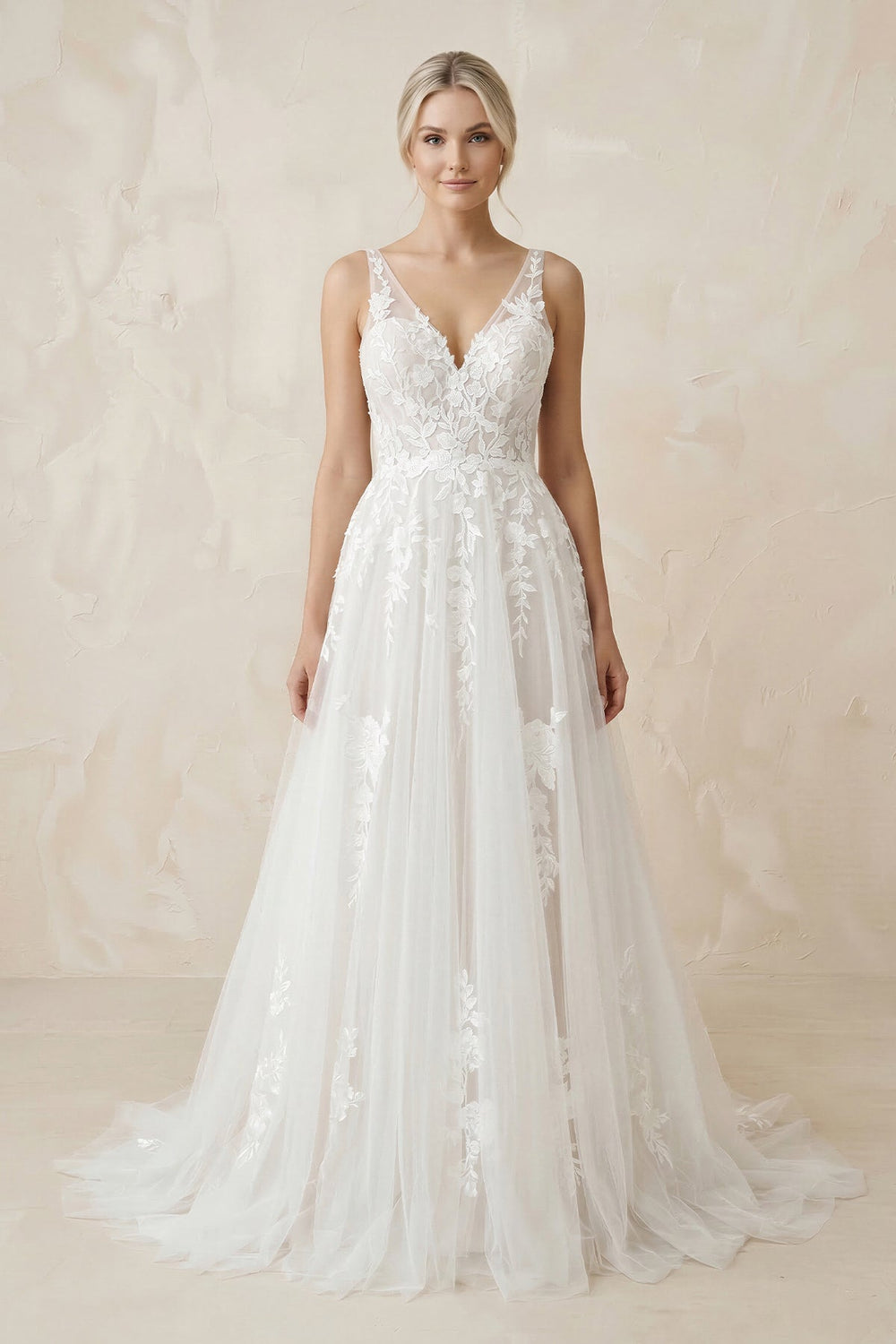 V - Neck A - Line Tulle Appliqued Maxi Wedding Dress in White - SHE IS ME Wedding Dresses