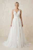 V - Neck A - Line Tulle Appliqued Maxi Wedding Dress in White - SHE IS ME Wedding Dresses
