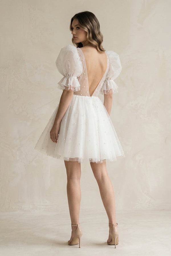V - Neck A - Line Tulle Mini Wedding Dress With Pearl in Ivory - SHE IS ME Wedding Dresses