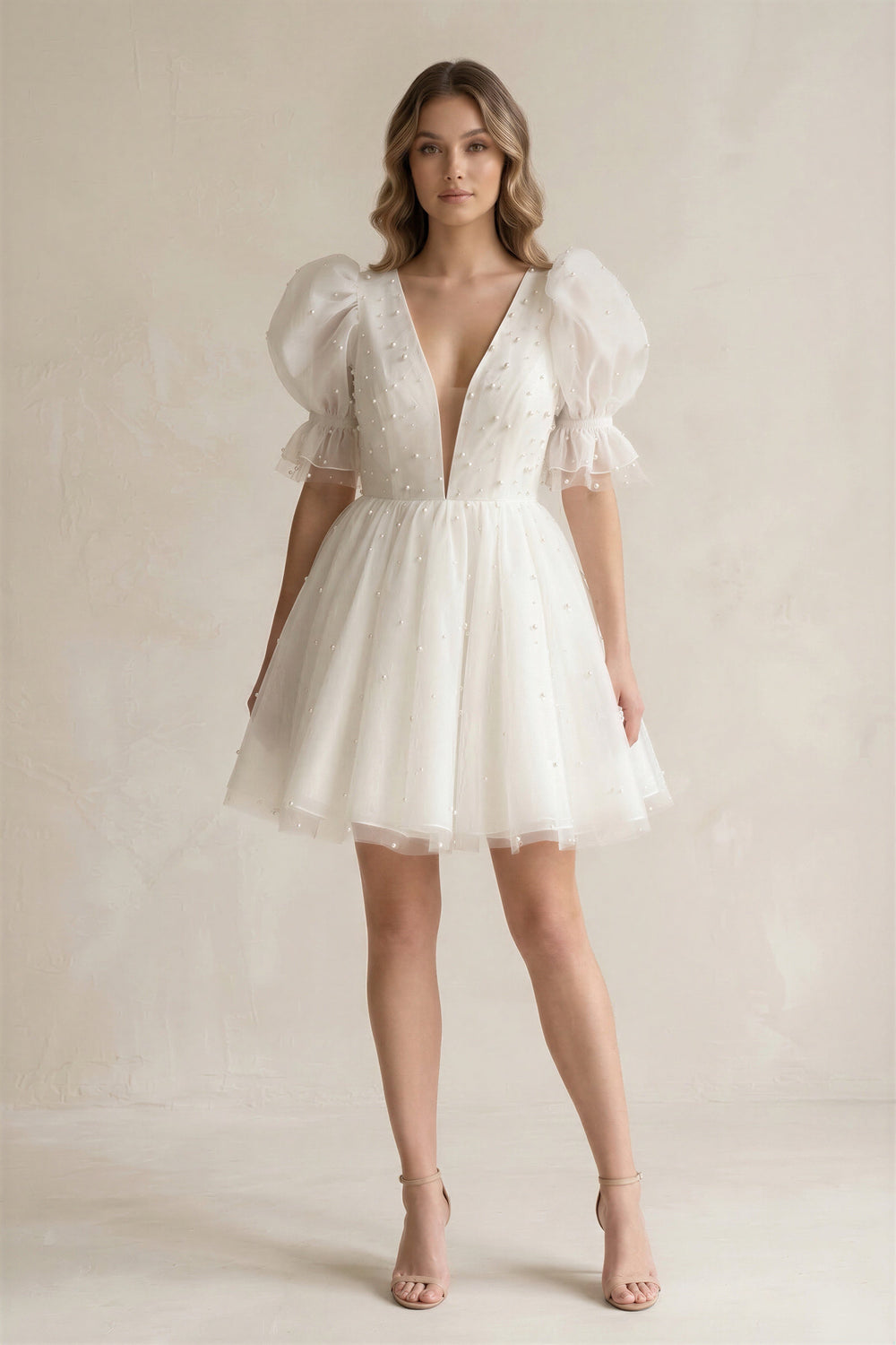 V - Neck A - Line Tulle Mini Wedding Dress With Pearl in Ivory - SHE IS ME Wedding Dresses