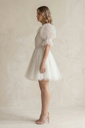 V - Neck A - Line Tulle Mini Wedding Dress With Pearl in Ivory - SHE IS ME Wedding Dresses