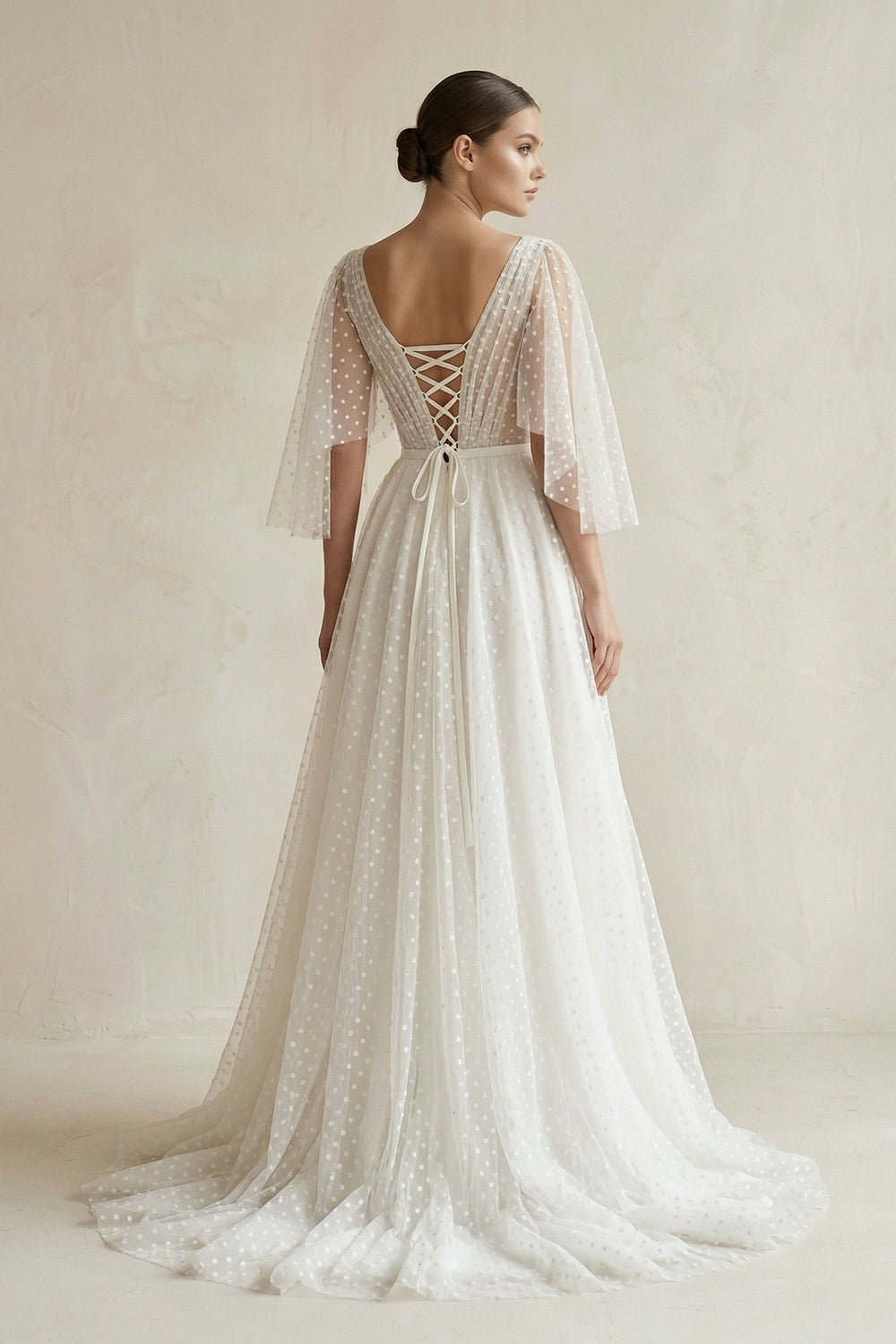 V Neck A - Line Tulle Ruched Wedding Dress With Polka Dot in White - SHE IS ME Wedding Dresses