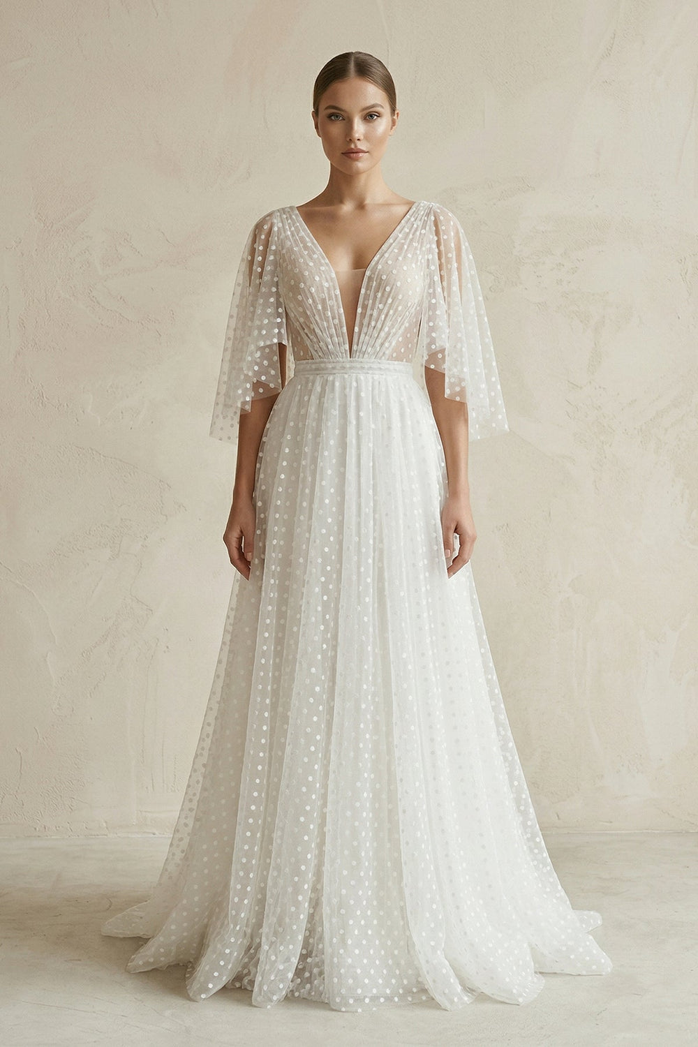 V Neck A - Line Tulle Ruched Wedding Dress With Polka Dot in White - SHE IS ME Wedding Dresses