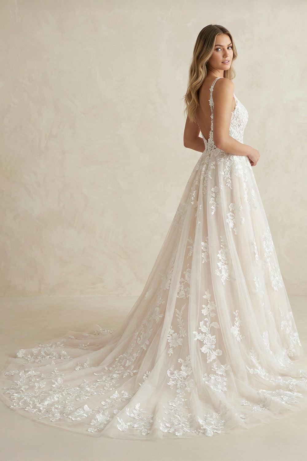 V Neck A Line Tulle Wedding Dress in White and Nude - SHE IS ME Wedding Dresses