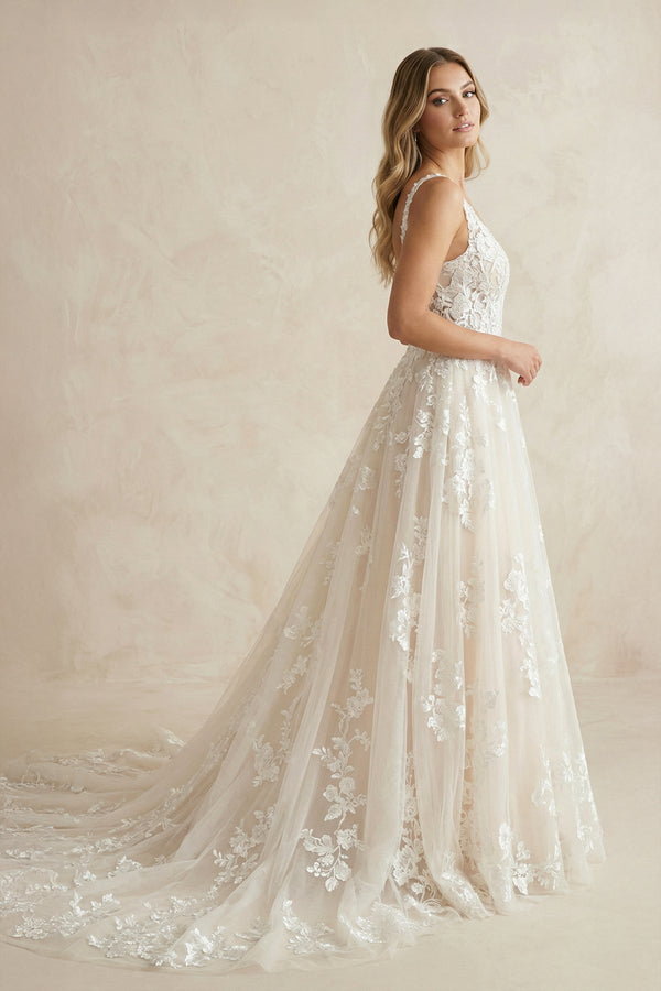 V Neck A Line Tulle Wedding Dress in White and Nude - SHE IS ME Wedding Dresses