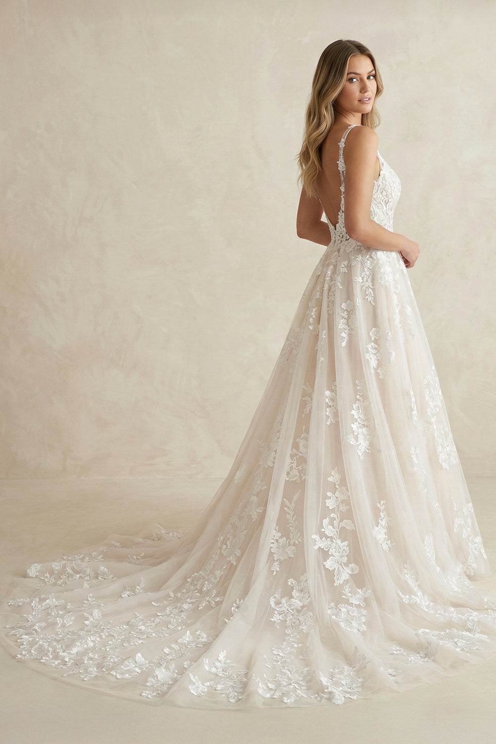 V Neck A Line Tulle Wedding Dress in White and Nude - SHE IS ME WEDDING DRESSES