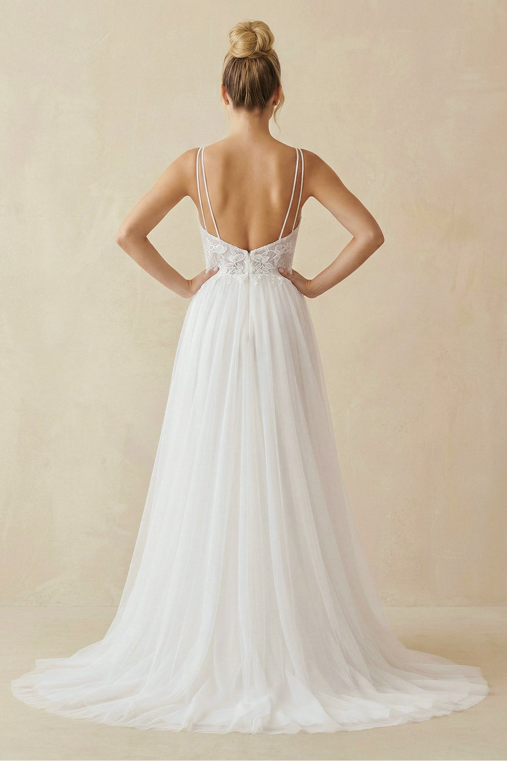 V Neck A Line Tulle Wedding Dress With Appliques - SHE IS ME Wedding Dresses