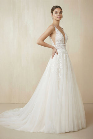 V Neck A Line Tulle Wedding Dress With Appliques in White - SHE IS ME Wedding Dresses