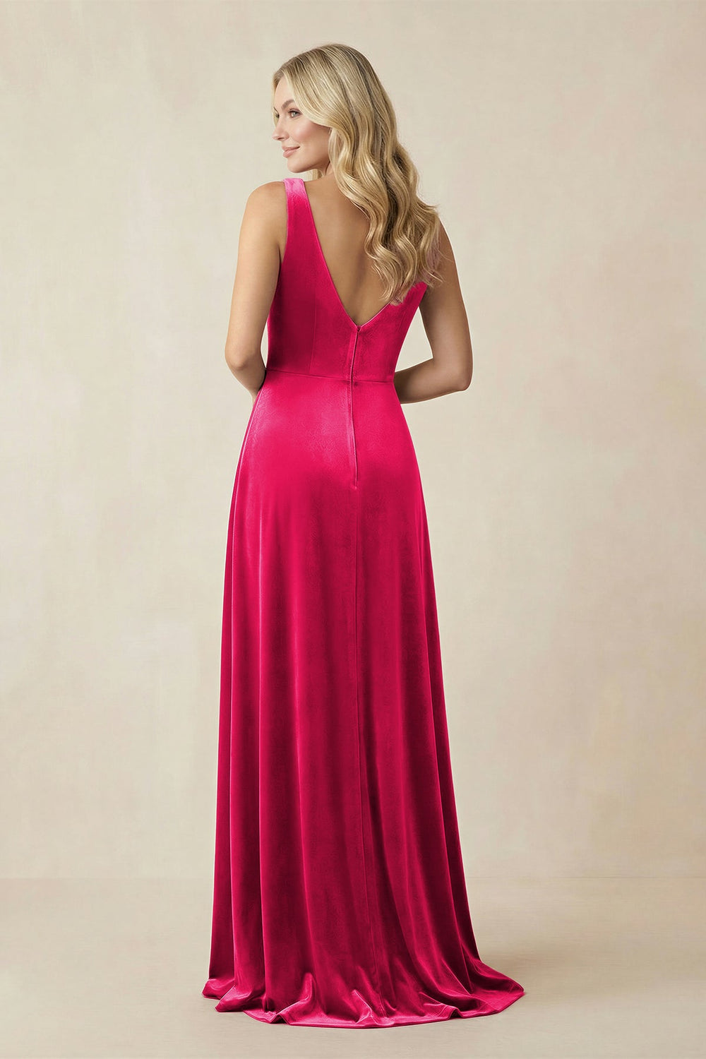 V - Neck A - Line Velvet Bridesmaid Dress in Fuchsia - SHE IS ME Bridesmaid Dresses