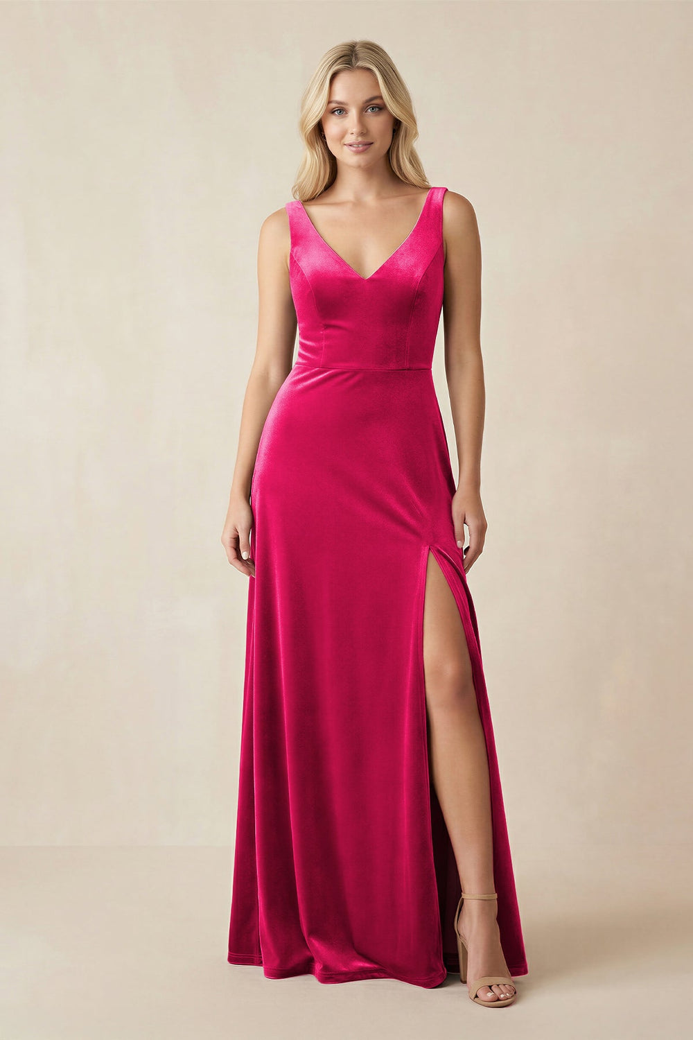 V - Neck A - Line Velvet Bridesmaid Dress in Fuchsia - SHE IS ME Bridesmaid Dresses