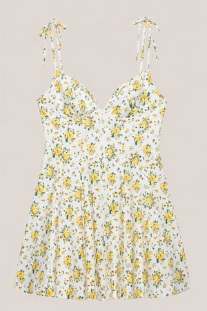 V - Neck A - Line Vintage Rose Printed Cotton Mini Dress in Yellow - SHE IS ME Dresses