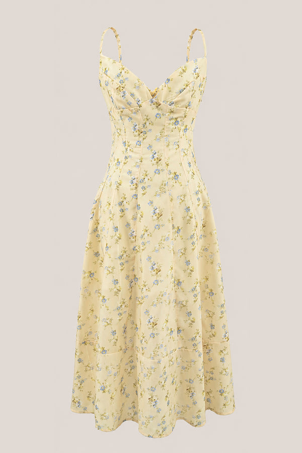 V-Neck A-Line Warm Rose Print Cotton Mini Dress in Yellow– SHE IS ME Dresses