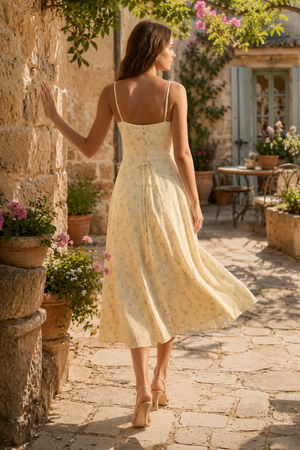 V-Neck A-Line Warm Rose Print Cotton Mini Dress in Yellow– SHE IS ME Dresses
