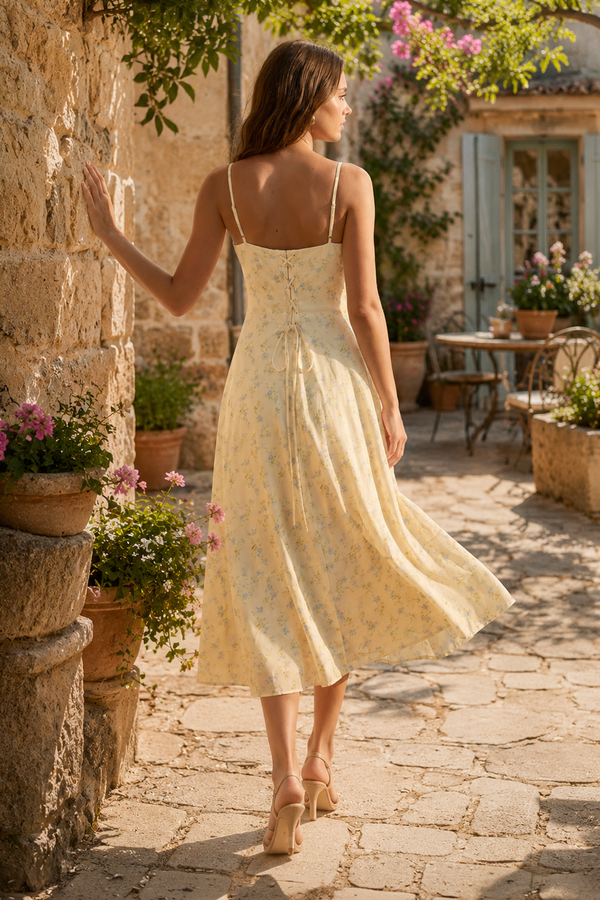 V-Neck A-Line Warm Rose Print Cotton Mini Dress in Yellow– SHE IS ME Dresses