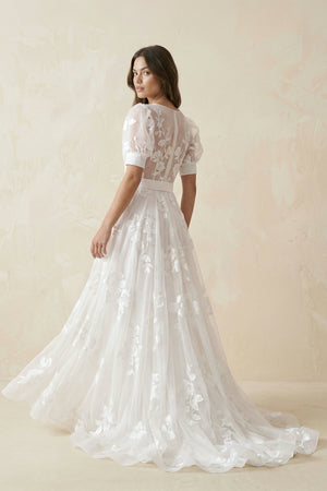 V - Neck Appliqued Tulle A - Line Wedding Dress With Belt in White - SHE IS ME Wedding Dresses