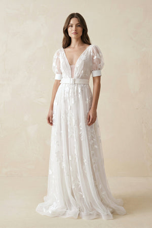 V - Neck Appliqued Tulle A - Line Wedding Dress With Belt in White - SHE IS ME Wedding Dresses