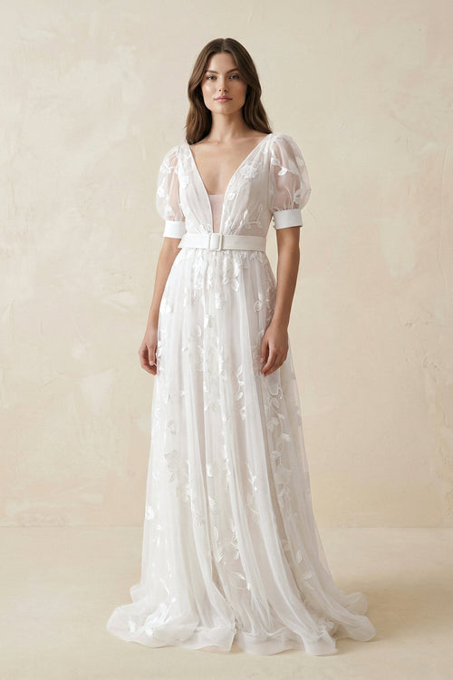V - Neck Appliqued Tulle A - Line Wedding Dress With Belt in White - SHE IS ME Wedding Dresses