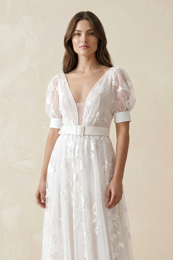 V - Neck Appliqued Tulle A - Line Wedding Dress With Belt in White - SHE IS ME Wedding Dresses