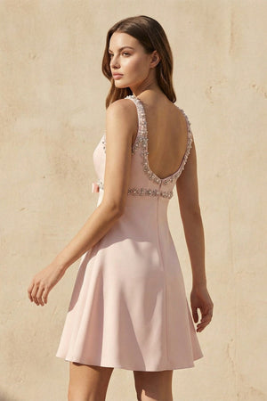 V Neck Beaded Mini Dress With Bow in Pink - SHE IS ME