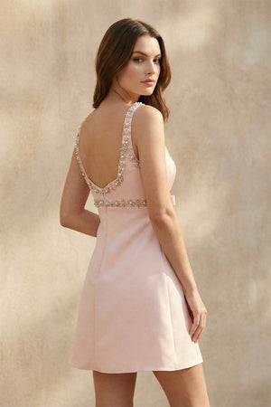 V Neck Beaded Mini Dress With Bow in Pink - SHE IS ME