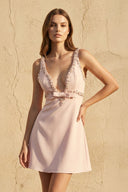 V Neck Beaded Mini Dress With Bow in Pink - SHE IS ME