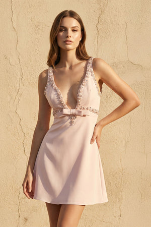 V Neck Beaded Mini Dress With Bow in Pink - SHE IS ME