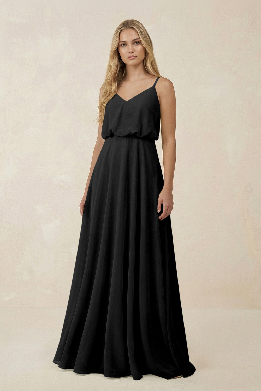 V - Neck Blouson A - Line Chiffon Bridesmaid Dress in Black - SHE IS ME Bridesmaid Dresses