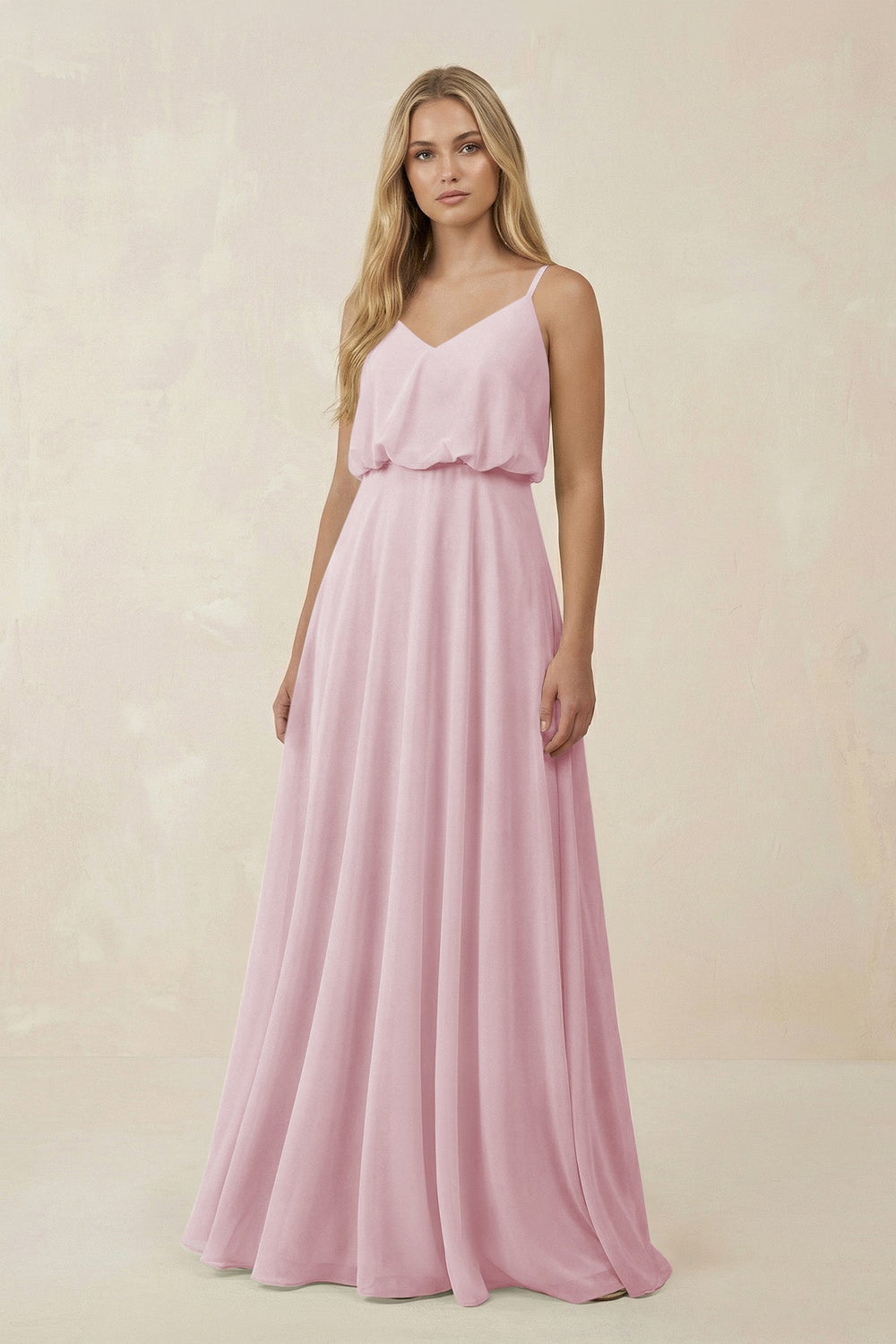V - Neck Blouson A - Line Chiffon Bridesmaid Dress in Candy Pink - SHE IS ME Bridesmaid Dresses