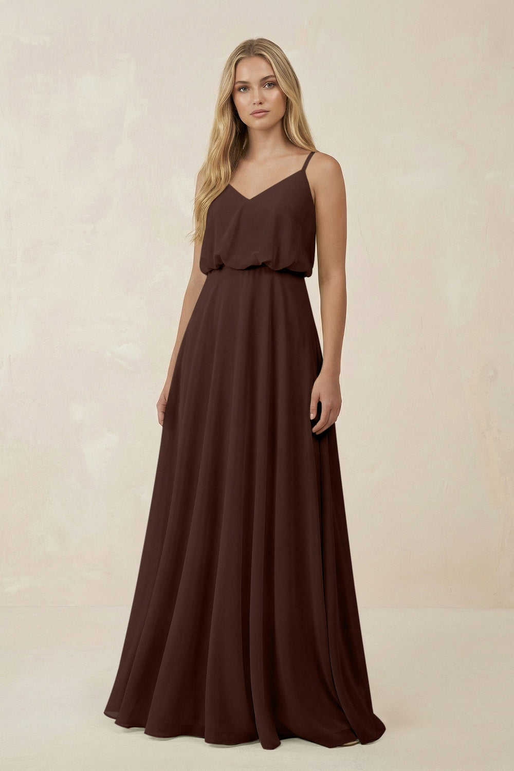 V - Neck Blouson A - Line Chiffon Bridesmaid Dress in Espresso - SHE IS ME Bridesmaid Dresses