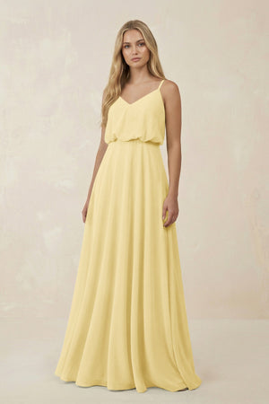 V - Neck Blouson A - Line Chiffon Bridesmaid Dress in Pastel Yellow - SHE IS ME Bridesmaid Dresses