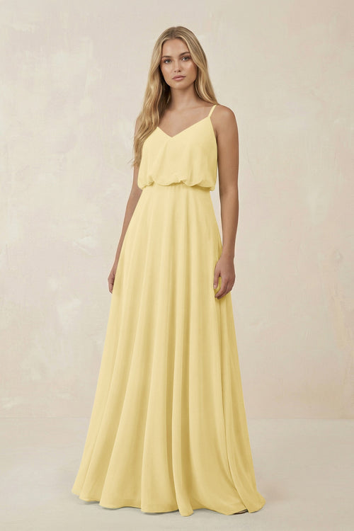 V - Neck Blouson A - Line Chiffon Bridesmaid Dress in Pastel Yellow - SHE IS ME Bridesmaid Dresses