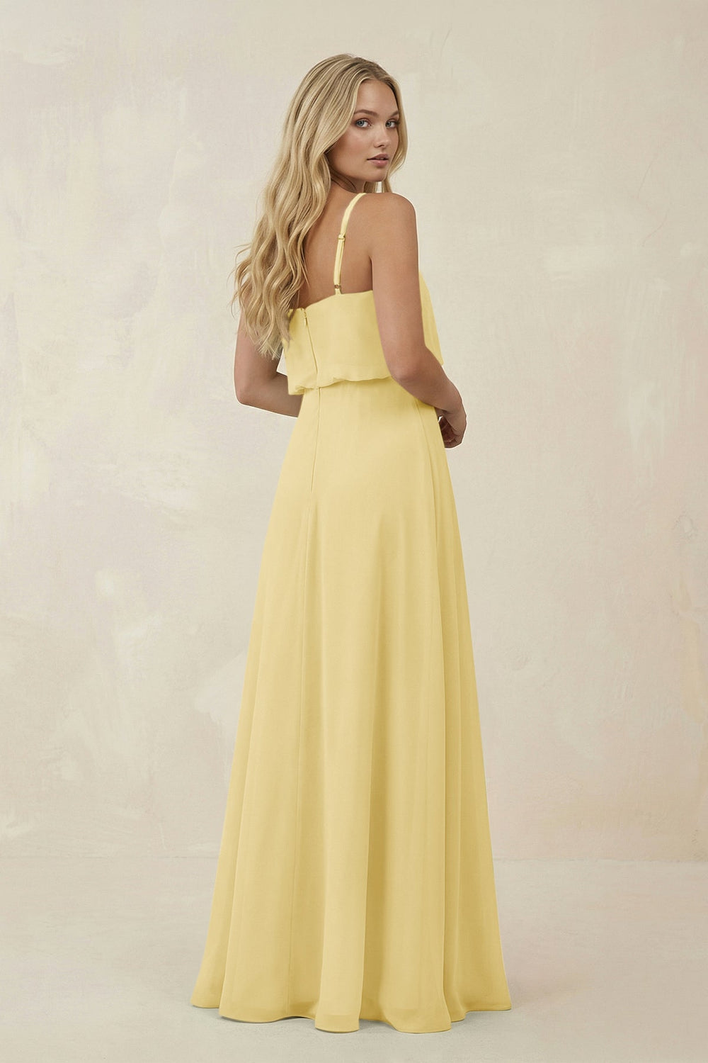 V - Neck Blouson A - Line Chiffon Bridesmaid Dress in Pastel Yellow - SHE IS ME Bridesmaid Dresses