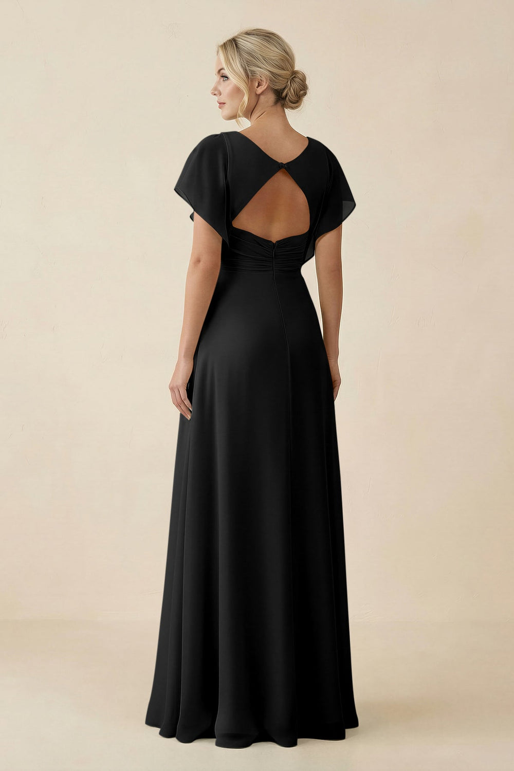 V - Neck Cap Sleeve Chiffon Bridesmaid Dress with Cut - out Back in Black - SHE IS ME Bridesmaid Dresses