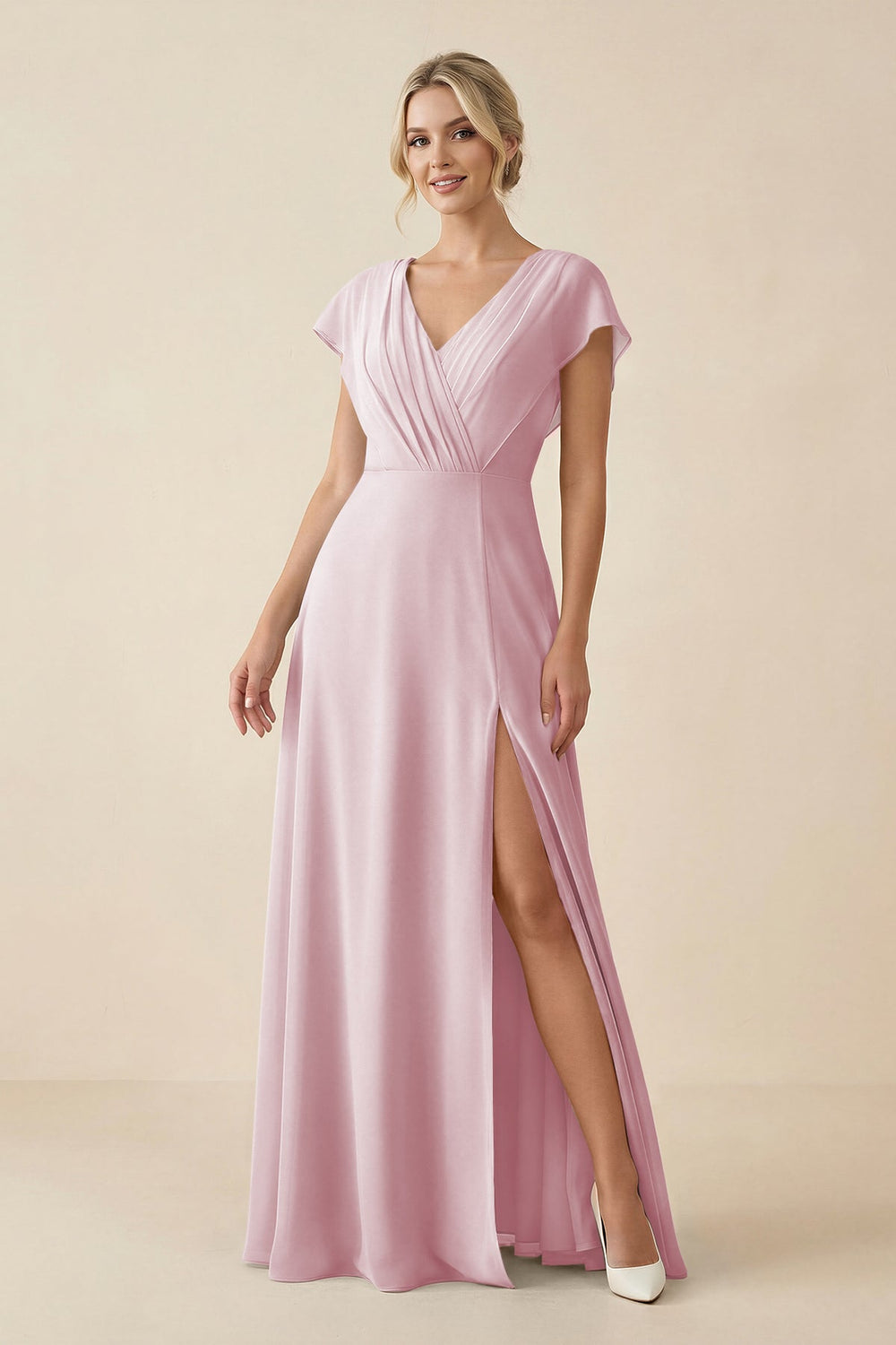 V - Neck Cap Sleeve Chiffon Bridesmaid Dress with Cut - out Back in Candy Pink - SHE IS ME Bridesmaid Dresses