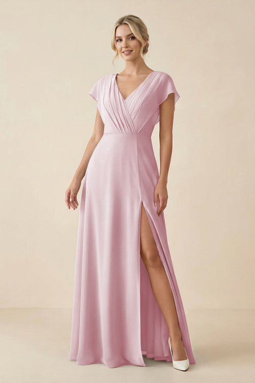 V - Neck Cap Sleeve Chiffon Bridesmaid Dress with Cut - out Back in Candy Pink - SHE IS ME Bridesmaid Dresses