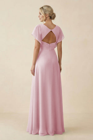 V - Neck Cap Sleeve Chiffon Bridesmaid Dress with Cut - out Back in Candy Pink - SHE IS ME Bridesmaid Dresses