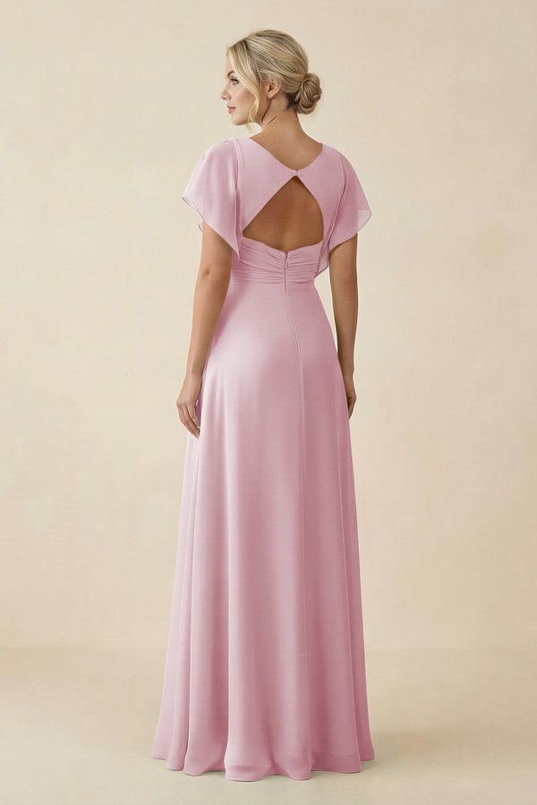 V - Neck Cap Sleeve Chiffon Bridesmaid Dress with Cut - out Back in Candy Pink - SHE IS ME Bridesmaid Dresses