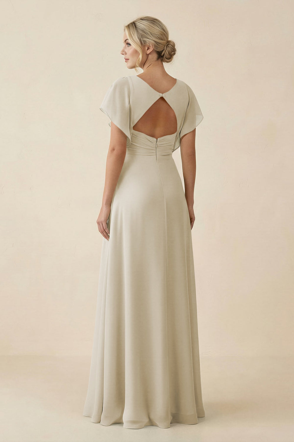 V - Neck Cap Sleeve Chiffon Bridesmaid Dress with Cut - out Back in Dove Gray - SHE IS ME Bridesmaid Dresses