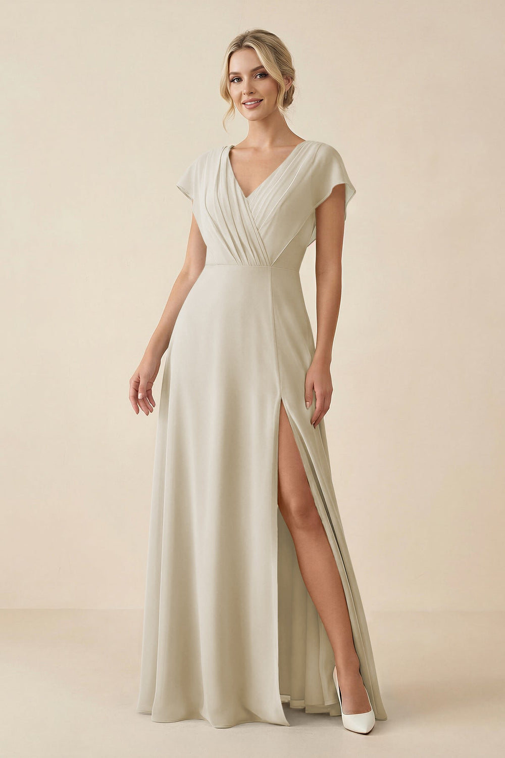 V - Neck Cap Sleeve Chiffon Bridesmaid Dress with Cut - out Back in Dove Gray - SHE IS ME Bridesmaid Dresses