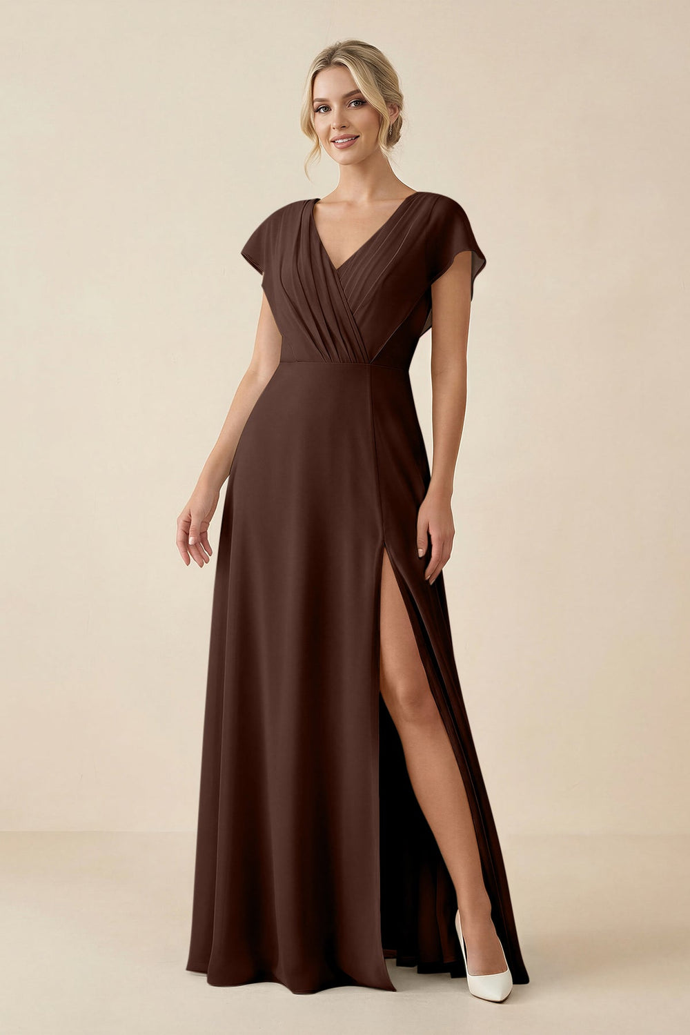 V - Neck Cap Sleeve Chiffon Bridesmaid Dress with Cut - out Back in Espresso - SHE IS ME Bridesmaid Dresses