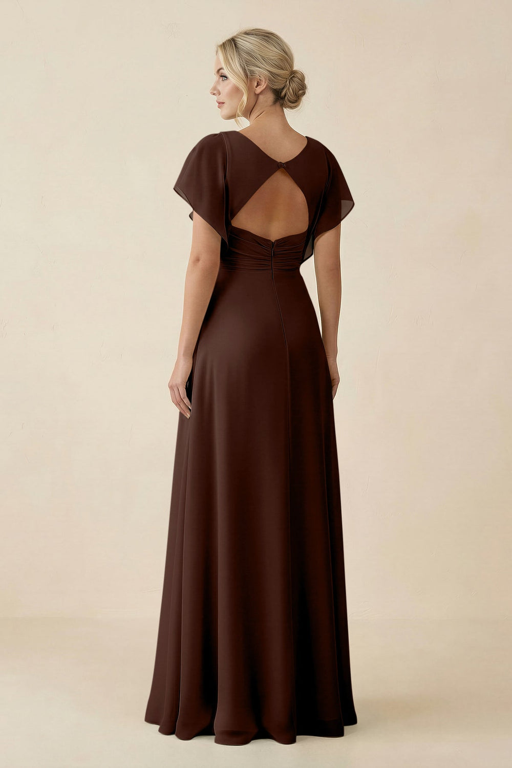 V - Neck Cap Sleeve Chiffon Bridesmaid Dress with Cut - out Back in Espresso - SHE IS ME Bridesmaid Dresses