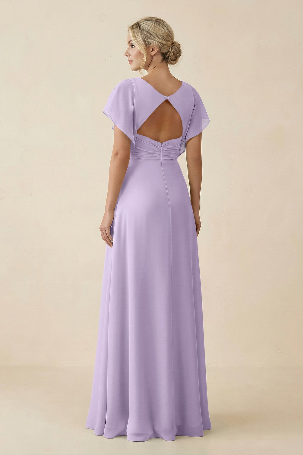 V - Neck Cap Sleeve Chiffon Bridesmaid Dress with Cut - out Back in Lavender - SHE IS ME Bridesmaid Dresses