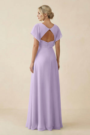 V - Neck Cap Sleeve Chiffon Bridesmaid Dress with Cut - out Back in Lavender - SHE IS ME Bridesmaid Dresses