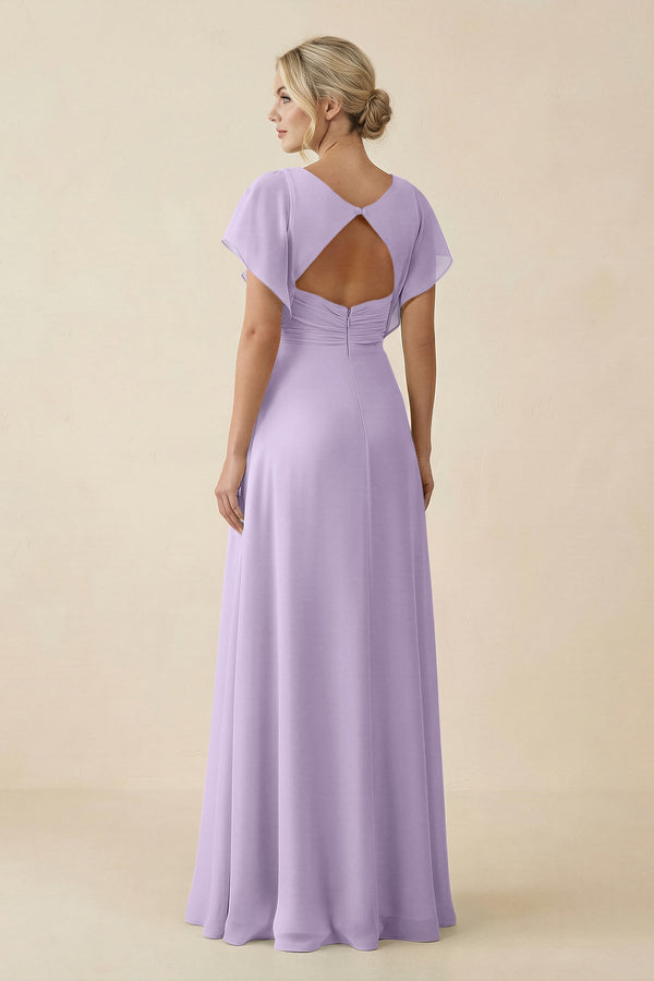 V - Neck Cap Sleeve Chiffon Bridesmaid Dress with Cut - out Back in Lavender - SHE IS ME Bridesmaid Dresses