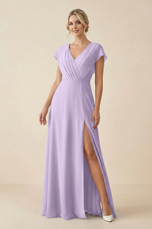V - Neck Cap Sleeve Chiffon Bridesmaid Dress with Cut - out Back in Lavender - SHE IS ME Bridesmaid Dresses