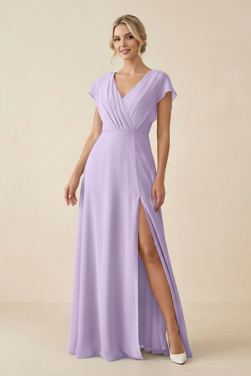 V - Neck Cap Sleeve Chiffon Bridesmaid Dress with Cut - out Back in Lavender - SHE IS ME Bridesmaid Dresses