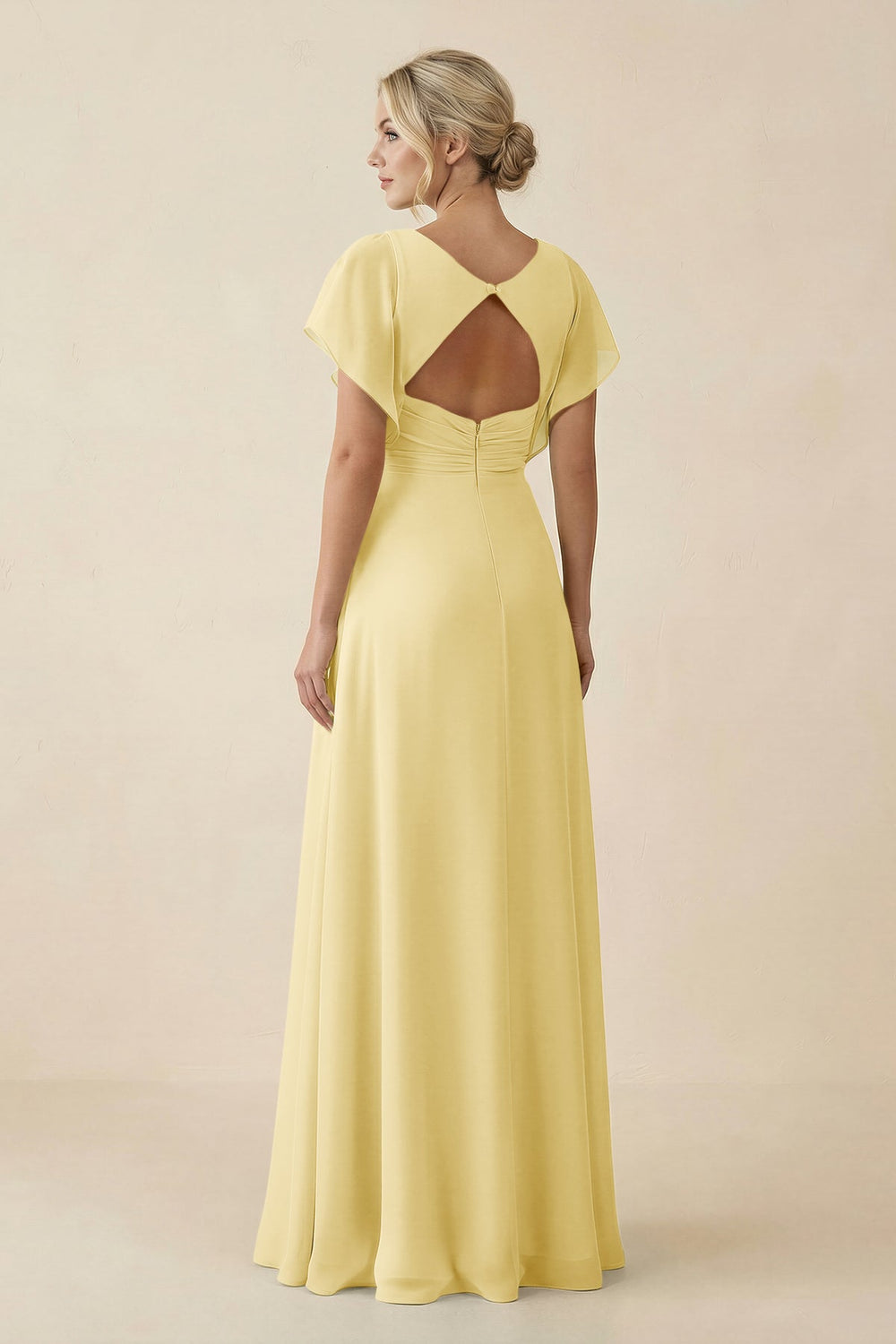 V - Neck Cap Sleeve Chiffon Bridesmaid Dress with Cut - out Back in Pastel Yellow - SHE IS ME Bridesmaid Dresses