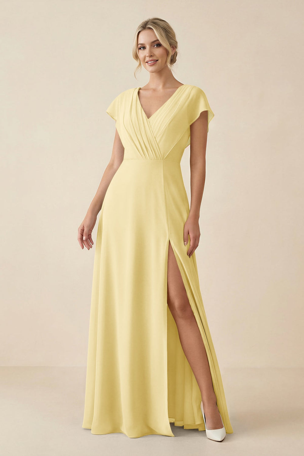 V - Neck Cap Sleeve Chiffon Bridesmaid Dress with Cut - out Back in Pastel Yellow - SHE IS ME Bridesmaid Dresses