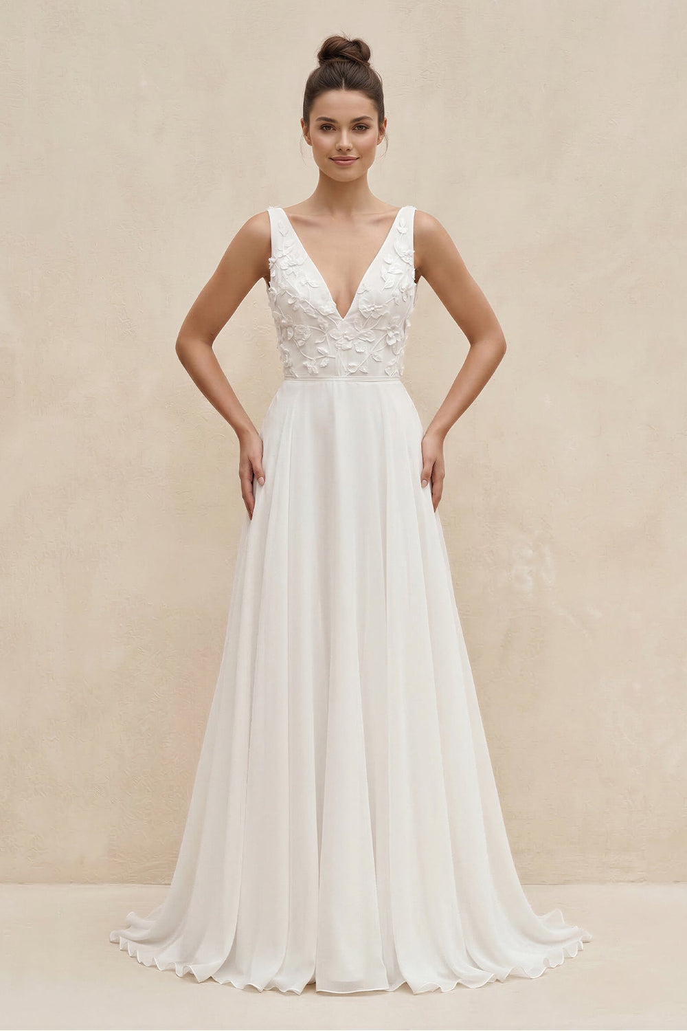 V - Neck Chiffon A - Line Appliqued Wedding Dress in White - SHE IS ME Wedding Dresses